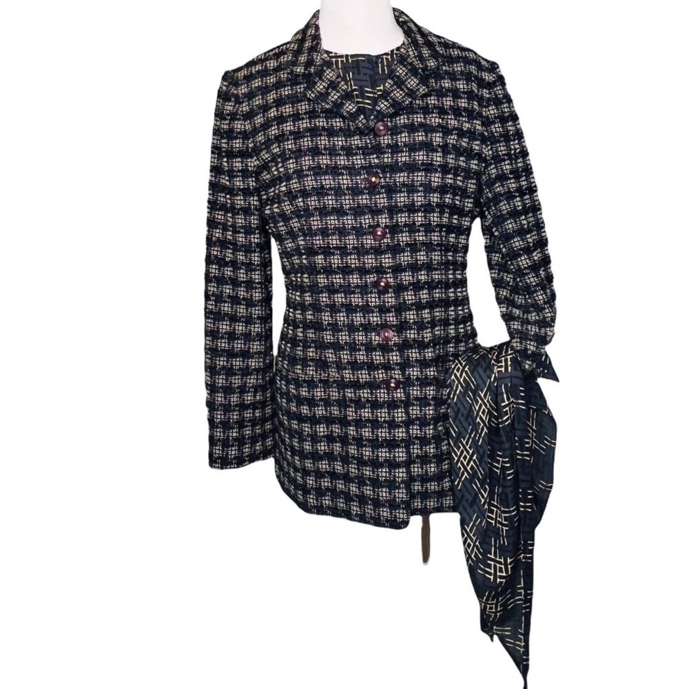 Vintage Carlisle Tweed Boucle Blazer Silk Blouse & Scarf 3 Pc Set Hong Kong Sz 6 - Picture 2 of 14